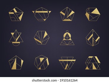 Vector Set Of Abstract Geometric Logos. Art Deco, Hipster, Golden Line Style. Hexagon, Triangle, Polygon Linear Shapes. Retro 