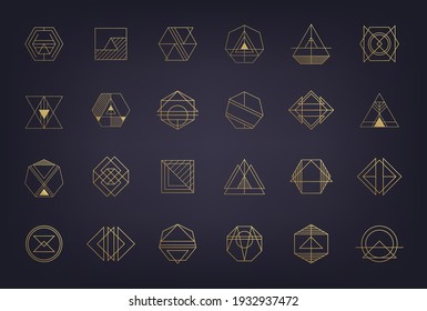 Vector Set Of Abstract Geometric Logos. Art Deco, Hipster, Golden Line Style. Circle, Triangle, Polygon Linear Shapes. Aztec, Magic, Esoteric Icons, Sacred Geometry