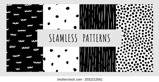 Vector set. Abstract geometric patterns. Hand drawn texture for print, textile, packaging. Black and white background.