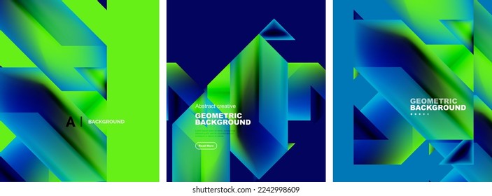 Vector set of abstract geometric poster backgrounds, colorful shapes with fluid colors. Collection of covers, templates, flyers, placards, brochures, banners