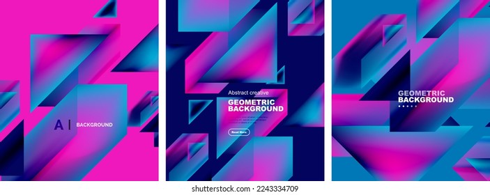 Vector set of abstract geometric poster backgrounds, colorful shapes with fluid colors. Collection of covers, templates, flyers, placards, brochures, banners