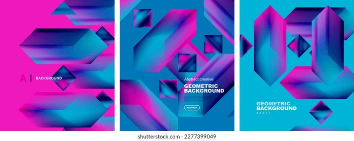 Vector set of abstract geometric poster backgrounds, colorful shapes with fluid colors. Collection of covers, templates, flyers, placards, brochures, banners