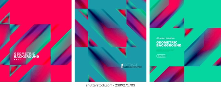 Vector set of abstract geometric poster backgrounds, colorful shapes with fluid colors. Collection of covers, templates, flyers, placards, brochures, banners