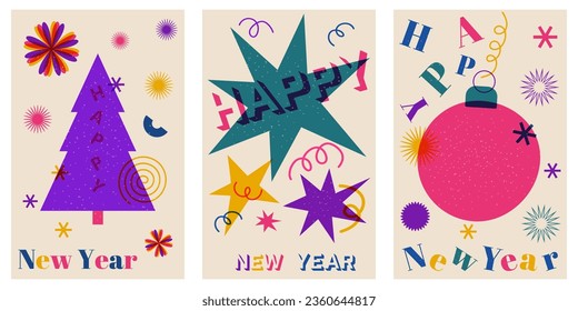Vector set of abstract geometric posters in a trendy risograph print style. Happy New Year creative backgrounds.Vector illustration