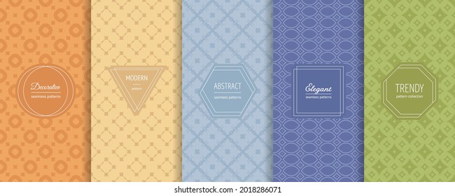 Vector set of abstract geometric seamless patterns. Simple minimal ornamental textures with elegant modern labels. Stylish colorful backgrounds collection. Bright colors, orange, yellow, green, blue