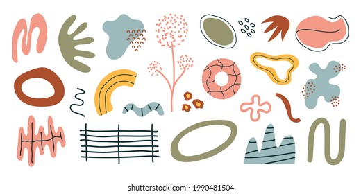 Vector set of abstract geometric shapes and objects on white background. Trendy organic and minimalistic design for banner, cover, wallpaper, stories background. Horizontal background