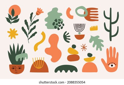 Vector set of abstract geometric shapes and objects . Trendy organic and minimalistic design for banner, cover, wallpaper, stories background. Horizontal background