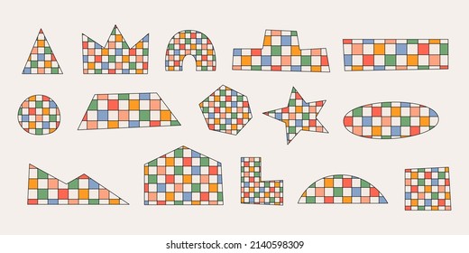 Vector set of abstract geometric shapes, figures with colorful checkered. Trendy retro design in style 60s, 70s. All objects are isolated	