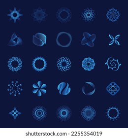 Vector set of abstract geometric shapes on blue background. Modern simple different zigzags, stars, curves, lines, triangles, circles, icons, elements for logo.