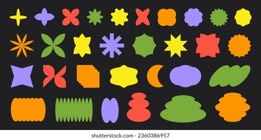 Vector set of abstract geometric shapes. Bright brutal contemporary icons. Various geometric figures. Bauhaus memphis design.