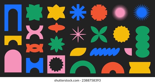 Vector set of abstract geometric shapes. Bright colorful brutal contemporary icons. Various geometric figures. Bauhaus memphis design.