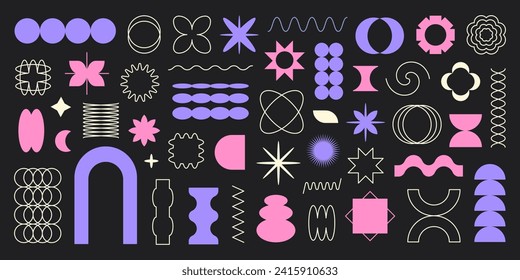 Vector set of abstract geometric shapes. Colorful brutal contemporary icons. Various geometric figures. Bauhaus memphis design.