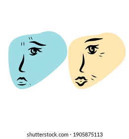 Vector set with abstract gloomy and smiling face. Illustration of sadness and joy on abstract unisex face in modern doodle stile. Creative concept of opposite emotions, like and dislike. Isolated.