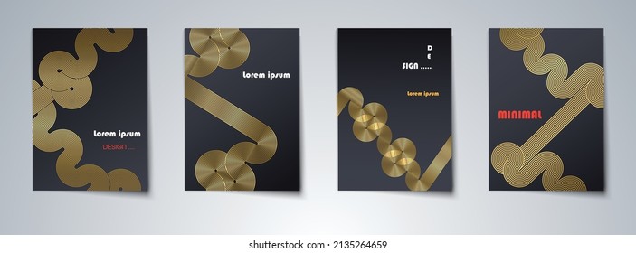 Vector set of abstract gold line pattern with geometric shape background. Minimal modern graphic design, bright golden line on black color background for banner template, brochure, cover flyer, poster