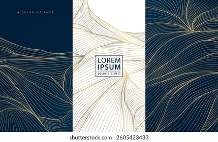 Vector set of abstract gold line background, white and dark blue luxury labels, water waves, leaves, organic shapes illustrations. Art deco package banners, wine elegant design, wedding invitations