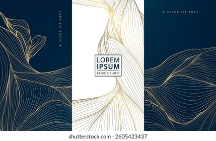 Vector set of abstract gold line background, white and dark blue luxury labels, water waves, leaves, organic shapes illustrations. Art deco package banners, wine elegant design, wedding invitations