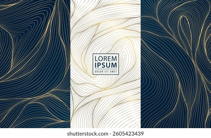 Vector set of abstract gold line background, white and dark blue luxury labels, water waves, leaves, organic shapes illustrations. Art deco package banners, wine elegant design, wedding invitations
