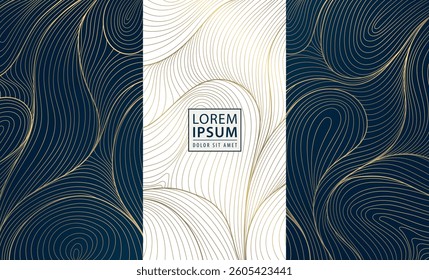 Vector set of abstract gold line background, white and dark blue luxury labels, water waves, leaves, organic shapes illustrations. Art deco package banners, wine elegant design, wedding invitations