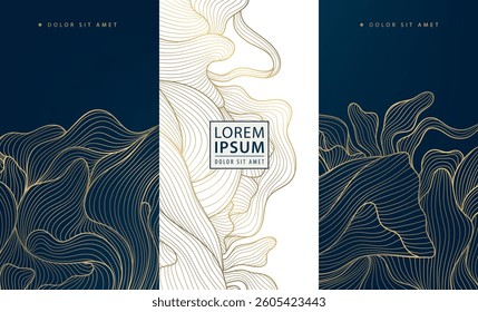 Vector set of abstract gold line background, white and dark blue luxury labels, water waves, leaves, organic shapes illustrations. Art deco package banners, wine elegant design, wedding invitations