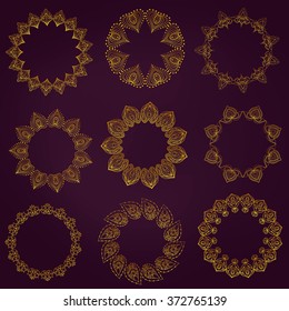 Vector  set with abstract golden floral frames in indian style.