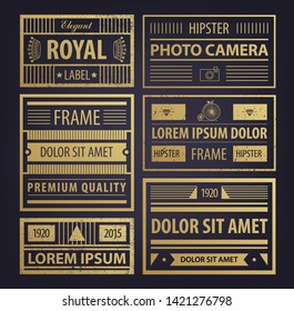 Vector set of abstract golden hipster badges, retro style, textured with icons. Frames for design business cards, invitations, gift cards, flyers brochures, logos 