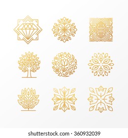 Vector set of abstract golden signs, symbols and logo design templates - luxury concepts and floral emblems in trendy linear style