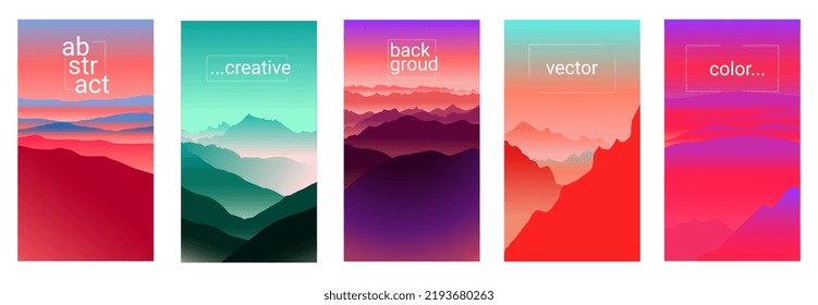 Vector set of abstract gradient background for stories, media, social sample. landscape with mountains and hills silhouette