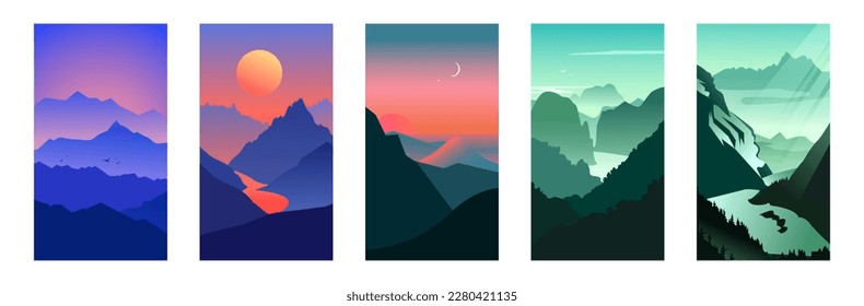 Vector set of abstract gradient background for stories, media, social sample. landscape with mountains and hills silhuete.	