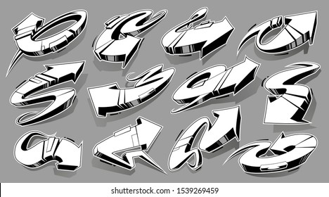 Vector Set of Abstract Graffiti Arrows monochrome. 3D wild style arrows. Street art design elements vector set.