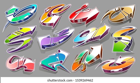 Vector Set of Abstract Graffiti Arrows with vibrant colours. 3D wild style arrows. Street art design elements vector set.