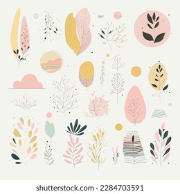Vector set of abstract graphic shapes. Multicolored shapes and objects on a light background. Elements of minimalism in the style of modern art. Botanical illustration for your design in flat style