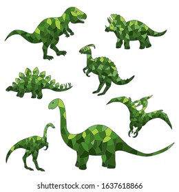 Vector set of abstract green dinosaurs on a white background. For design of mosaics, stained glass, covers, packages, and textile prints