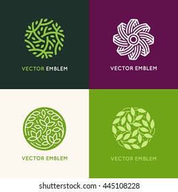 Vector set abstract green logo design templates    emblems for holistic medicine centers  yoga classes  natural   organic food products   packaging    circles made and leaves   flowers