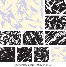 Vector set of abstract grunge textures. Features painterly, chaotic strokes in soft lavender, pale yellow, and monochrome. Creates an artistic, distressed overlay for modern designs.