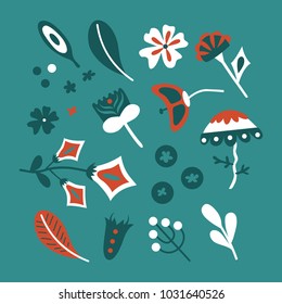 Vector set of abstract hand drawn flowers and plants