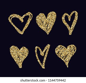 Vector set with abstract hand drawn golden hearts. Decoration for Valentine's day, wedding