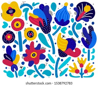 Vector set of abstract hand drawn flowers with different textures. Floral composition. Freehand style. Artistic design for card, packaging, home decor, invitation, banner, cover, stickers, label