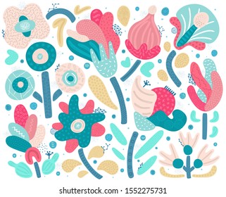 Vector set of abstract hand drawn flowers with different textures. Floral composition. Freehand style. Artistic design for card, packaging, home decor, invitation, banner, cover, stickers, label