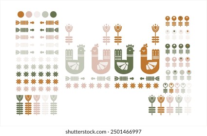 Vector set of abstract hand drawn elements for graphic design. Simple background in pink, green, white. Ethnic birds, flowers. Set of a lot of elements.