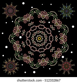 Vector set of abstract hand drawn brown and green snowflakes maked on a black background. Hand painted sketch.