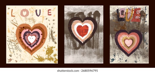 Vector set with abstract hand painted boho hearts cards, posters, banners with half tone texture and brush paint
