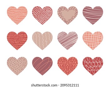 Vector set of abstract heart shaped backgrounds. Modern trendy Valentines day illustration. Patterns of hand drawn curves, lines. Doodle icons set for social networks, posters, design templates