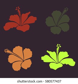 Vector set with abstract hibiscus flowers. Hand drawn floral texture, red, purple and green decorative flowers. Vector illustration.