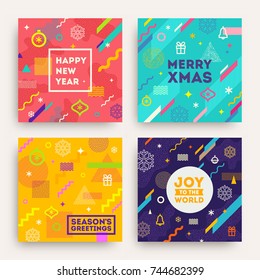 Vector set of abstract holidays background with multicolored geometric shapes christmas signs and symbols and frame with greeting.