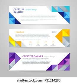 Vector set of abstract horizontal banners. Template design for the Internet and print with a place under the text and title. Bright geometric dynamic forms, lines, triangles, stripes.