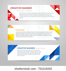 Vector set of abstract horizontal banners. Template design for the Internet and print with a place under the text and title. Bright geometric dynamic forms, lines, triangles, stripes.