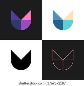 Vector set of abstract icons from 4 letters V or Y - 2 colorful, 1 black and white, 1 with gradient outline. Logo design. Simple corporate identity elements. Application icon design template.