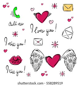 Vector set of abstract icons, stickers. Abstract illustration with heart, letter, call, lips, star for your design. Isolated