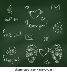 Vector set of abstract icons, stickers: heart, letter, call, lips, star. Blackboard.