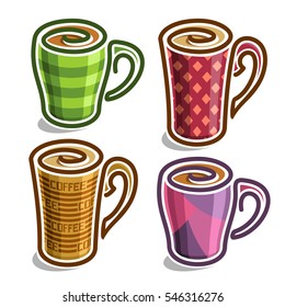 Vector set abstract icons tea Cup: colorful minimalistic teacup with handle, simplistic logo cappuccino cup with swirl, big ceramic checkered mug espresso coffee drink with stripes, isolated on white.